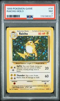 1999 POKEMON BASE SET UNLIMITED #14 RAICHU-HOLO PSA 7 - Image 1