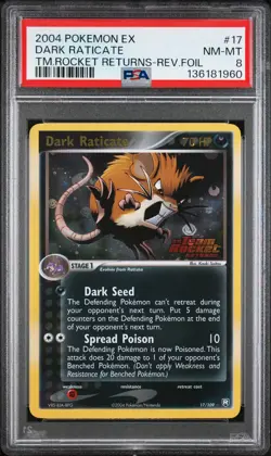 2004 POKEMON EX TEAM ROCKET RETURNS #17 DARK RATICATE-REVERSE FOIL PSA 8 - Image 1