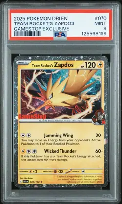 2025 POKEMON DESTINED RIVALS GAMESTOP EXCLUSIVE #070 TEAM ROCKET'S ZAPDOS PSA 9 - Image 1