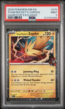 2025 POKEMON DESTINED RIVALS GAMESTOP EXCLUSIVE #070 TEAM ROCKET'S ZAPDOS PSA 9 - Image 1
