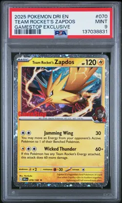 2025 POKEMON DESTINED RIVALS GAMESTOP EXCLUSIVE #070 TEAM ROCKET'S ZAPDOS PSA 9 - Image 1