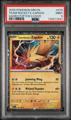 2025 POKEMON DESTINED RIVALS GAMESTOP EXCLUSIVE #070 TEAM ROCKET'S ZAPDOS PSA 9 - Image 1