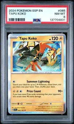 2024 POKEMON SSP EN-SURGING SPARKS #065 TAPU KOKO PSA NM-MT 8 - Image 1