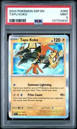 2024 POKEMON SSP EN-SURGING SPARKS #065 TAPU KOKO PSA MINT 9 - Image 1