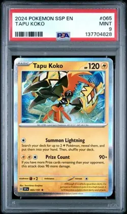 2024 POKEMON SSP EN-SURGING SPARKS #065 TAPU KOKO PSA MINT 9 - Image 5