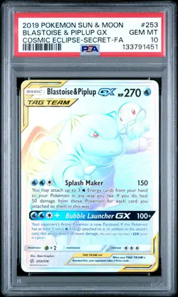 2019 POKEMON SUN & MOON COSMIC ECLIPSE FULL ART/BLASTOISE & PIPLUP GX PSA 10 - Image 1