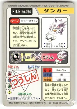 1997 Heavily Played Pokemon Gengar No. 094 Bandai Carddass Series 3-4 Japanese - Image 2