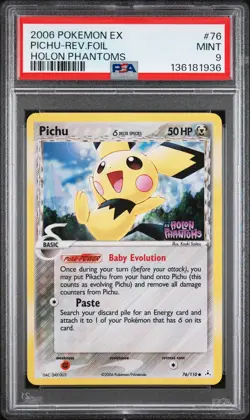 2006 POKEMON EX HOLON PHANTOMS #76 PICHU-REVERSE FOIL PSA 9 - Image 1
