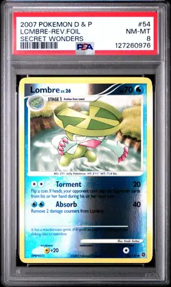 2007 POKEMON DIAMOND & PEARL SECRET WONDERS #54 LOMBRE-REVERSE FOIL PSA 8 - Image 1