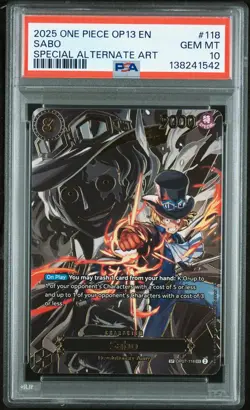 2025 ONE PIECE OP13-CARRYING ON HIS WILL SPECIAL ALTERNATE ART #118 SABO PSA 10 - Image 1