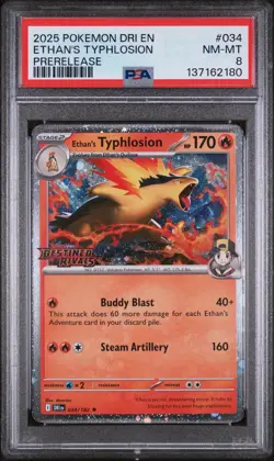 2025 POKEMON DRI EN-DESTINED RIVALS PRERELEASE #034 ETHAN'S TYPHLOSION PSA 8 - Image 1