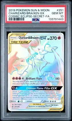 2019 POKEMON SUN & MOON COSMIC ECLIPSE FULL ART/CHARIZARD & BRAIXEN GX PSA 10 - Image 1