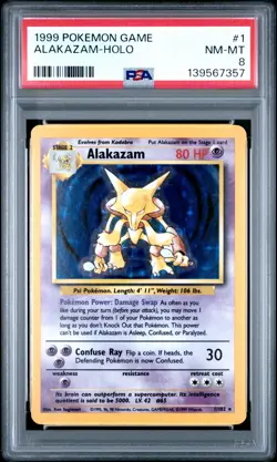 1999 POKEMON BASE SET UNLIMITED #1 ALAKAZAM-HOLO PSA 8 - Image 1