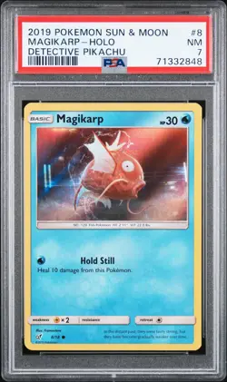2019 POKEMON SUN & MOON DETECTIVE PIKACHU #8 MAGIKARP-HOLO PSA 7 - Image 1