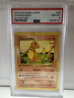 1999 Pokemon Charmander 46/102 Base Set Shadowless 1st Edition PSA 8 - Image 1