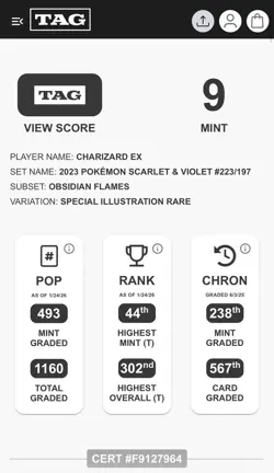 TAG 9 Charizard EX 2023 Pokemon Obsidian Flames #223/197 SIR - Image 3