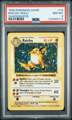 1999 POKEMON BASE SET SHADOWLESS #14 RAICHU-HOLO PSA 8 - Image 1