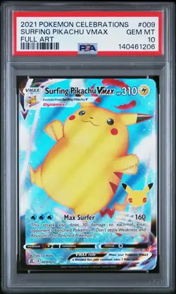 2021 POKEMON CELEBRATIONS #009 FULL ART/SURFING PIKACHU VMAX PSA 10 - Image 1