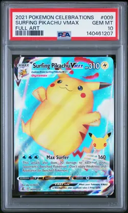 2021 POKEMON CELEBRATIONS #009 FULL ART/SURFING PIKACHU VMAX PSA 10 - Image 1