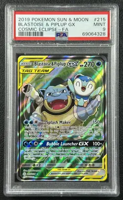 FA BLASTOISE PIPLUP GX TAG TEAM PSA 9 2019 POKEMON SUN MOON COSMIC ECLIPSE #215 - Image 1