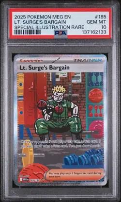 2025 POKEMON MEG SPECIAL ILLUSTRATION RARE #185 LT. SURGE'S BARGAIN PSA 10 - Image 1