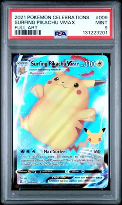 2021 POKEMON CELEBRATIONS #009 FULL ART/SURFING PIKACHU VMAX PSA 9 - Image 1