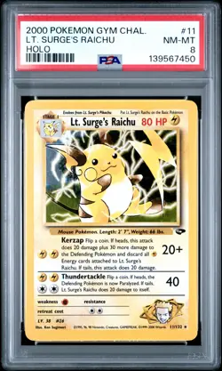 2000 POKEMON GYM CHALLENGE HOLO #11 LT. SURGE'S RAICHU PSA 8 - Image 1