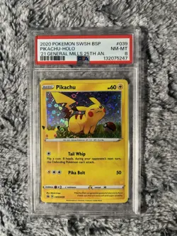2020 POKEMON SWSH GENERAL MILLS 25TH ANNIVERSARY #039 PIKACHU-HOLO PSA 8 - Image 1