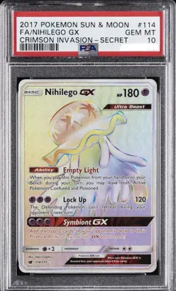 2017 POKEMON SUN & MOON CRIMSON INVASION SECRET #114 FULL ART/NIHILEGO GX PSA 10 - Image 1
