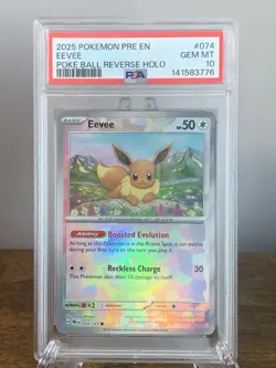 2025 POKEMON PRE EN-PRISMATIC EVOLUTIONS EEVEE 074 POKE BALL REVERSE HOLO PSA 10 - Image 1