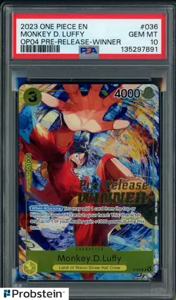 2023 One Piece EN OP04 Pre-Release Winner #036 Monkey D. Luffy PSA 10 GEM MINT - Image 1