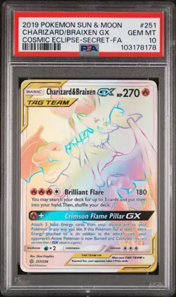 Charizard & Braixen GX 251/326 Cosmic Eclipse Sun & Moon Pokemon PSA 10 GEM MT - Image 1