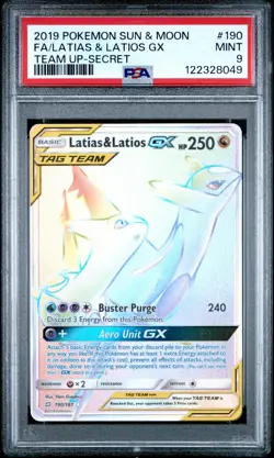 2019 POKEMON SUN & MOON TEAM UP SECRET #190 FULL ART/LATIAS & LATIOS GX PSA 9 - Image 1