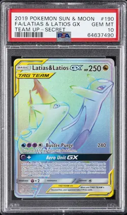2019 POKEMON SUN & MOON TEAM UP SECRET #190 FULL ART/LATIAS & LATIOS GX PSA 10 - Image 1