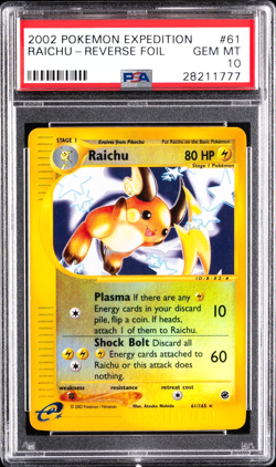 Pokemon PSA 10 GEM MT Raichu 61/165 Expedition Reverse Holo 2002 E-Reader S#5134 - Image 1