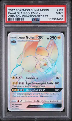 2017 POKEMON SUN & MOON CRIMSON INVASION SECRET FULL ART/ALOLAN GOLEM GX PSA 9 - Image 1