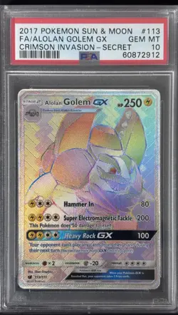 2017 POKEMON SUN & MOON CRIMSON INVASION FA/ALOLAN GOLEM GX#113 SECRET PSA 10 - Image 1