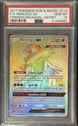 2017 POKEMON SUN & MOON CRIMSON INVASION FA/NIHILEGO GX#114 SECRET PSA 10 - Image 1