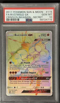 2017 POKEMON SUN & MOON CRIMSON INVASION FA/BUZZWOLE GX#115 SECRET PSA 10 - Image 1