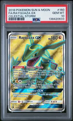2018 Pokemon Sun & Moon Rayquaza GX Full Art Celestial Storm #160 PSA 10 - Image 1