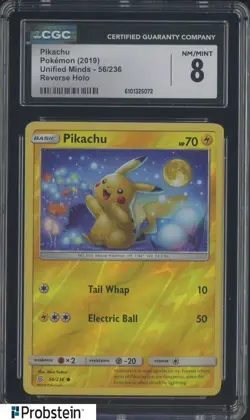2019 Pokemon Unified Minds #56 Pikachu Reverse Holo CGC 8 NM-MT - Image 1