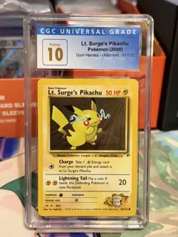 Pristine CGC 10 Lt. Surge's Pikachu Gym Heroes 81/132 Pokemon Card WOTC - Image 1