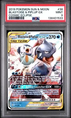 2019 POKEMON SUN & MOON COSMIC ECLIPSE #38 BLASTOISE & PIPLUP GX PSA 9 - Image 1