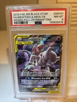 2019 PM SM Black Star Mewtwo &Mew GX Promo Tins #SM191 PSA 8 Pokemon Card - Image 1