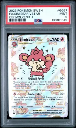 2023 POKEMON SWORD & SHIELD CROWN ZENITH #GG37 FULL ART/SIMISEAR VSTAR PSA 9 - Image 1