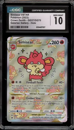 Pokemon Simisear VSTAR Crown Zenith Galarian Gallery Full Art #GG37 CGC 10 - Image 1