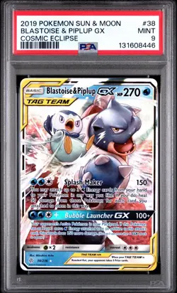 2019 POKEMON SUN & MOON COSMIC ECLIPSE #38 BLASTOISE & PIPLUP GX PSA 9 - Image 1