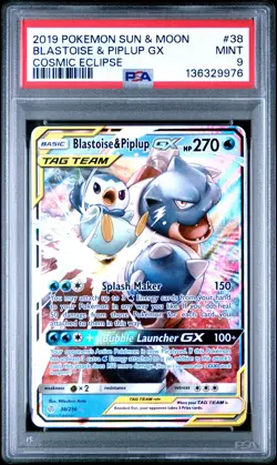 2019 POKEMON SUN & MOON COSMIC ECLIPSE #38 BLASTOISE & PIPLUP GX PSA 9 - Image 1