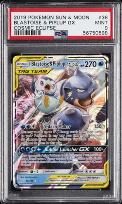 2019 POKEMON SUN & MOON COSMIC ECLIPSE #38 BLASTOISE & PIPLUP GX PSA 9 - Image 1