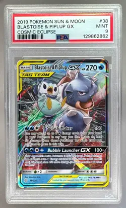 2862 Blastoise & Piplup GX 2019 Pokemon Sun Moon Cosmic Eclipse #38 PSA 9 - Image 1